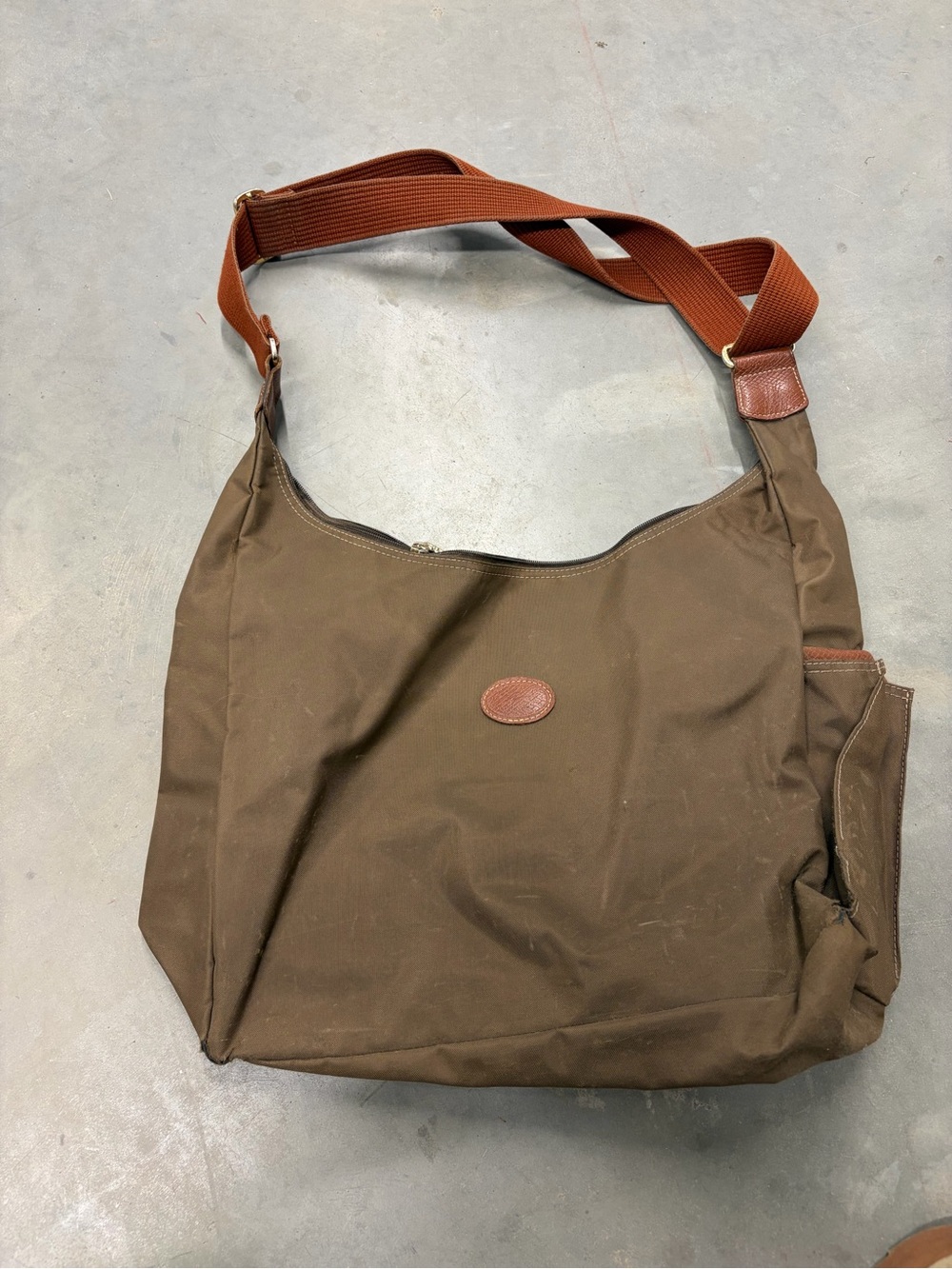 Longchamp Classic Brown Canvas Shoulder Bag with Adjustable Strap